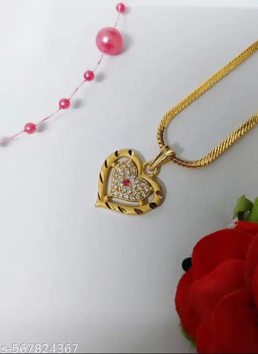 Microplated AD Gold heart Pendant with Chain + Free Finger Ring Gift – Divine Elegance for Every Soul Women