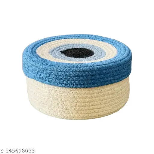 Talib Textile Juteify Round Cotton Rope Evil Eye Storage Basket with Lid, Decorative Woven Storage Bin, Pot, Caddy, Organizer, Container for Snacks, Plants,