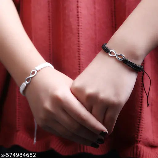 2pcs Infinity Matching Bracelets | Handmade Eternal Love Black & White Braided Adjustable Rope Bracelets | Unisex Jewellery for Couples, Friends & Family