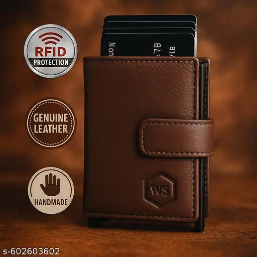 WALLET STREET 100% Genuine Leather RFID Protected Unisex POP UP Card Holder with Aluminium Case – Slim Wallet with 10 Card Slots for Men & Women