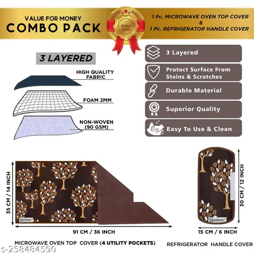 E-Retailer® Exclusive Polyester Combo Set of Appliance Cover (1 Pc. of Microwave Oven Top Cover and 1 Pc Handle Cover ) (Color-Brown, Design-Tree, Set Contains-2 Pcs.)