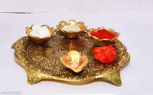 Puja thali big with 4 diya metal for puja and worship and Temple decoration Showpiece item, Home decoration, Room decoration, Temple decoration, Office decoration Gift item