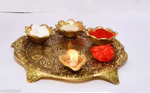 Gold Metal Pooja Thali with 4 Diya for Pooja & Temple Decoration