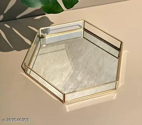 UDI Hexagon Glass Tray with MetalRim Mirror Base Vanity Tray for Home Decor Jewellery Organiser, , Gold(10x10x1.5 inches)
