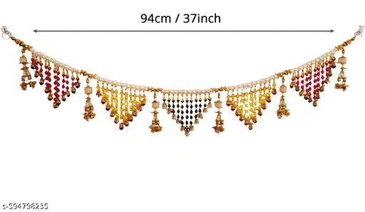 Tuski Traditional Pearl Beaded Toran Door Hanging | Decorative Wall Hanging with Yellow, Green, and Beads, Gold-Toned Accents Size 3-FT Multicolor