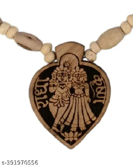Wooden Radha krishna locket with Wood Kanthi Mala tulsi beads (Wood mala)
