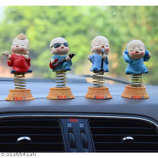 Welno International Handmade Ceramic Singing Monk Buddha with Shaking Head Spring Showpiece for Car Dashboard (Spring Singing Monk)