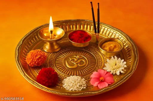 Original Brass(pital) Pooja Thali 7inches with Om Design – Traditional Hindu Worship Plate