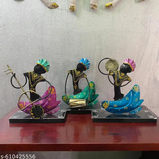 Handcrafted Colorful Metal Musician Figurine Set – Tribal Musician Home Décor Showpiece (Set of 3)