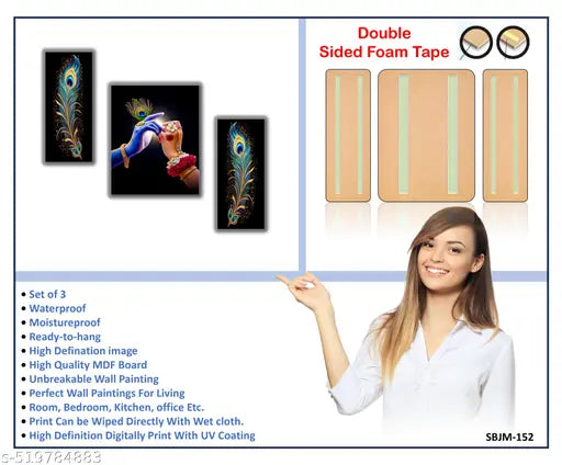 BA Radha Krishna Ji UV Textured Wall Art | Set of 3 Self-Adhesive Decorative Paintings (18 x 12 Inch) | Spiritual Home Decor – Unframed (BA SBJM-152)