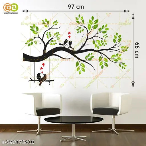 Graphics Decor Love Birds With Green Leaf Tree Wall Sticker