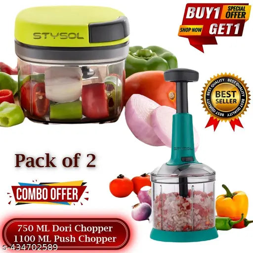 Stysol Buy 1 Get 1 Free 750ml + 1100ML Large Quick & Easy Push Chopper Push N Chop Hand Press Vegetable Dori Chopper with Easy Push and Close Premium Quality
