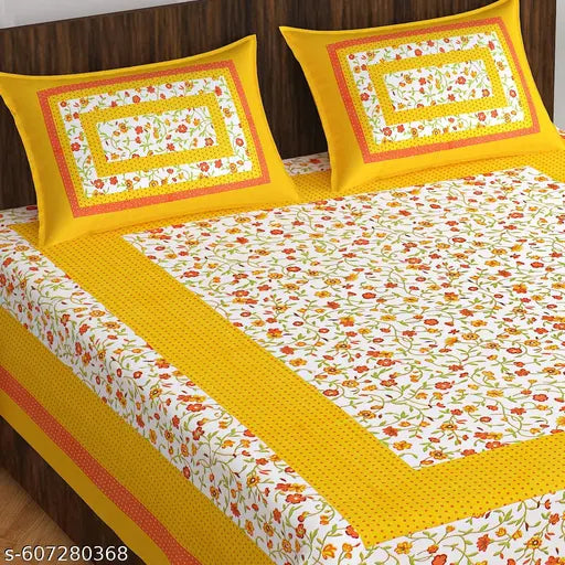 Jaipuri Cotton Double Bedsheet with 2 Pillow Covers | Premium Floral Print Yellow Bedsheet for Bedroom Décor