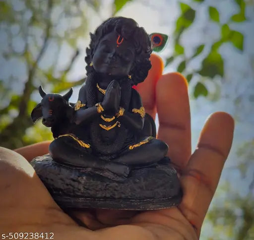 ShivShakti Store Marble Dust Baal Krishna with Cow Idol For Home Decor Car Dashboard Pooja Room Handmade Black Kanha ji Murti For Good Luck And Success