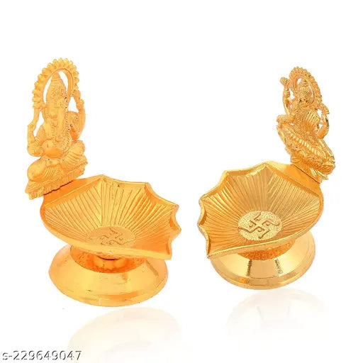 Purti Impex Golden Set of 2 Lord Ganesha & Goddess Laxmi Diyas
