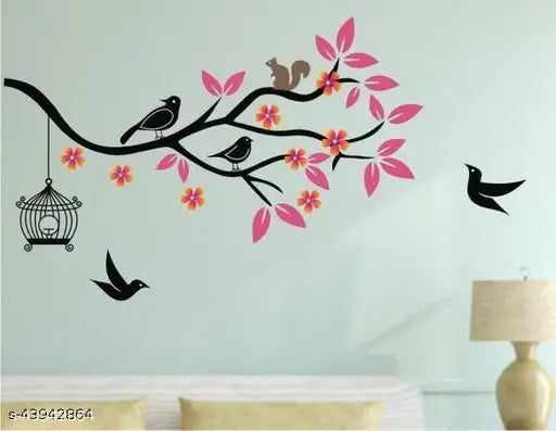 Heaven Decors Birds On Tree Branch With pink Leaves And Birdcage Wall Sticker For Bedroom ( ideal size on wall: 120 cm x 65 cm ),Multicolour
