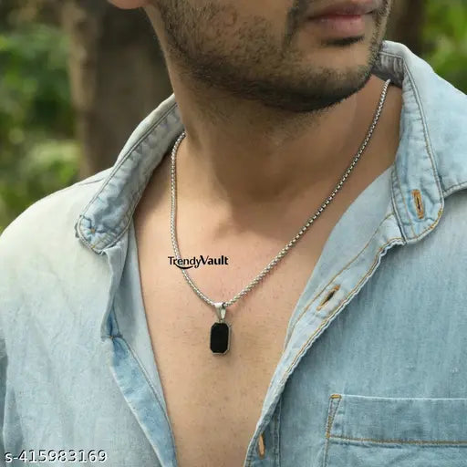 TRENDYVAULT ™Geometric Necklace for Men Women, Stainless Steel Square Rectangle Pendant with Box Rope Chain,
