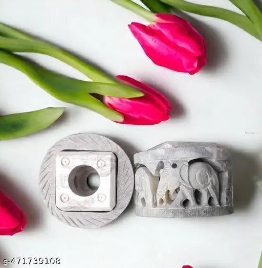 Artisan Made Marble Agarbatti Stand & Tealight Holder - Floral & Elephant Design