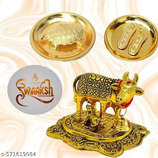 Pooja Essentials: Lakshmi Paduka with Cow Calf and Kachua Plate
