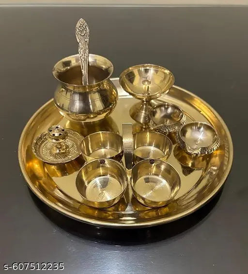Brass Puja Thali Set, Complete Worship Kit with chokda and Spoon, Gold Finish