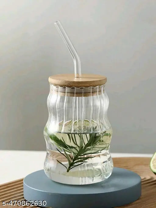 Trending Wave shape coffee glass Tumbler with wooden lid and straw for coffee( pack of 1 )500 ml | ice tea | cocktail | juic e|  cold coffee | smoothies and any other breverages