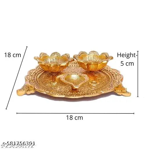Small Size - "Premium Decorative Pooja Thali Set with Kumkum, Rice & Diya Holders | Antique Gold Finish Puja Plate for Diwali, Navratri, Raksha Bandhan & Wedding Rituals"- ( Gold Plated )