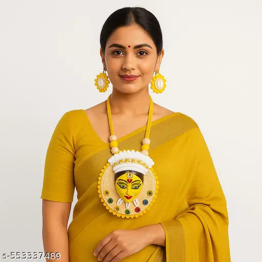 Handcrafted Terracotta Durga Goddess Jute Necklace Set, Traditional Indian Design, Yellow with Matching Earrings