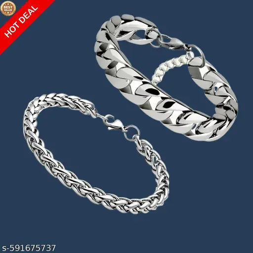 Fancy Silver Stainless Steel Cuban Chain Bracelet for Men & Boys - Stylish & Trendy Heavy Metal Party Wear Hand Men Bracelet Pack of 2