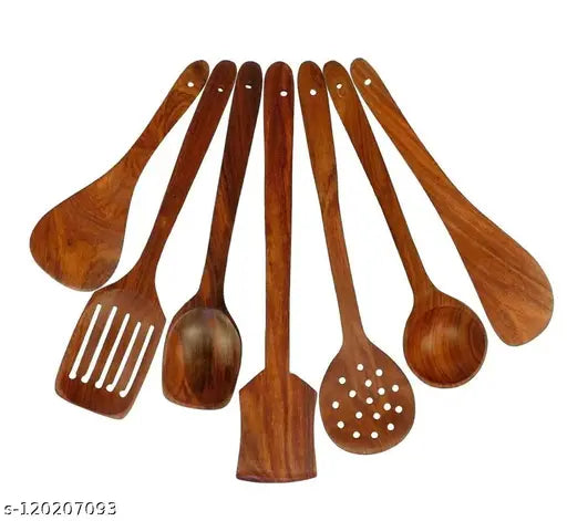 Alifer Shoppee Wooden Serving and Cooking Spoons Set Kitchen Organizer Items Kitchen Accessories Items (Set of 7)