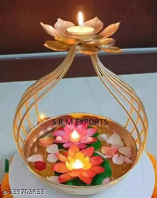 New Antique Design Tealight Urli Flower Golden, Flower Design Urli Bowl with Tealight Candle Holder - Table Decoration for Diwali, Christmas, and New Year