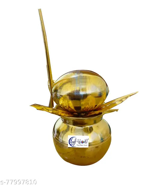 Craft World Mangal Kalash with Brass Nariyal and Leafs,Small Size Brass Kalash (Height: 4.5 inch, Gold)