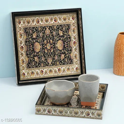 Enamel Coated Multipurpose Set of 2 Square Trays  (Black Jamawaar design)