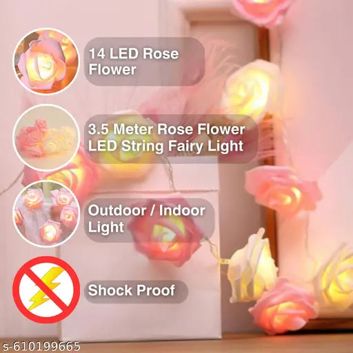 Rose Flower LED String Fairy Light, 14 LED 3 Meter Night Light for Home Decor, Plastic Rose String Lights for Bedroom, LED Light for Indoor & Outdoor Decoration (Pink, Plug-in)
