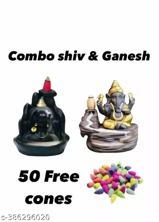 Combo Pack of Shiva Adiyogi AND Ganesha Smoke Incense Holder 50 Units of Backflow Cones Polyresin Incense Holder  (Black)