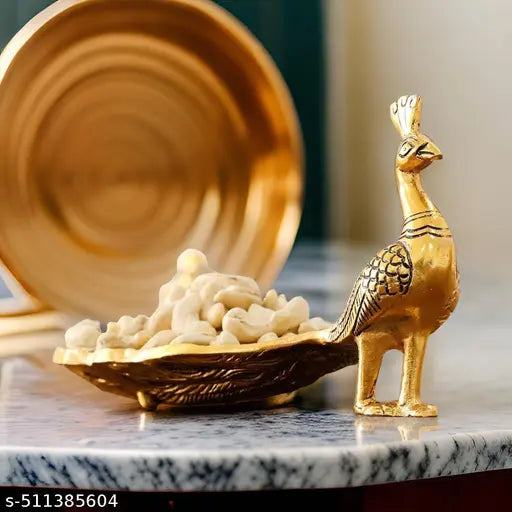 Metal Decoractive Showpiece Gold Peacock Shape Dry Fruit Serving Tray/plats, Snacks, Floating Flowers for Home Decoration Table Dining Décor