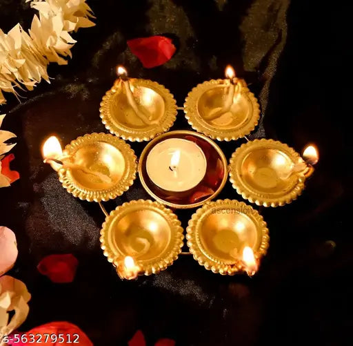 ST Diya Shape Flower Decorative Urli Bowl for Home Diwali Decor with 6 Attached Oil Diyas for Floating Flowers and Tealight Candles Home Table Diwali Decoration Items for Pooja Room (7 inch)
