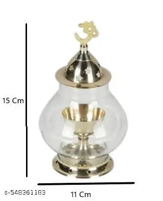 SriMaa Ventures Decorative Brass Akhand Diya with Om Carving and Protective Glass Cover | Curved Ideal Oil Lamp/Diya/Deepak for Meditation Spaces, Temple Shelves, Indian Festivals, Diwali Festivals, Home Worship