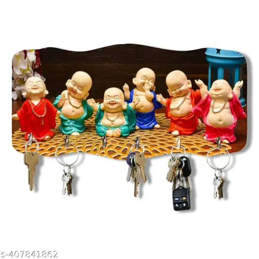 Beatbox Craft Buddhas Key Holder Home Decor Wooden Art Work Painting Key Holder for Wall Decor 6 Hooks Key Organizer Gift Items for Home