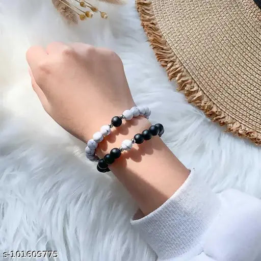I Love You 2 Pcs Magnetic Valentines Day Broken Heart Love Couples Promise 2 in 1 Duo Wrist Band Cuff Elastic Field Therapy 8mm Howlite Black Beads Stone  Bracelets