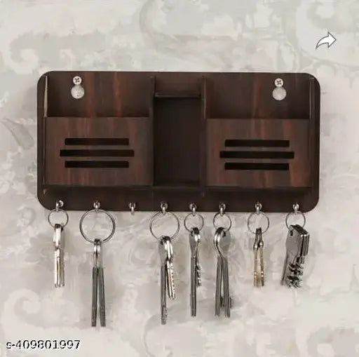 Wooden Key Holder with Storage  Mobile Holder and Pen Holder, Wooden Home décor Wall Mount Key Holder(Brown)