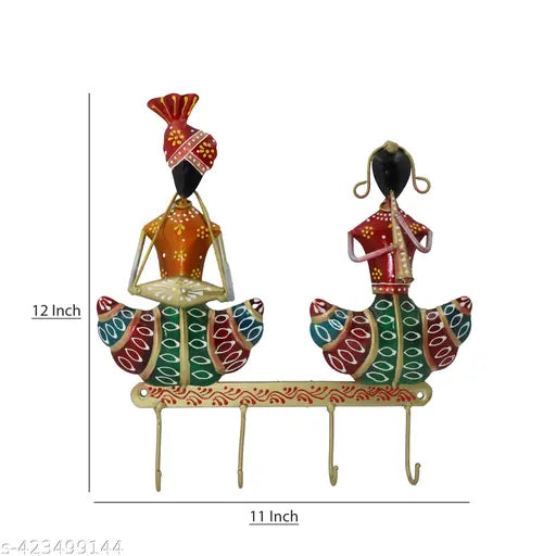 Handcrafted Rajasthani Couple Wall Hanging Key & Cloth Holder – 12 Inch