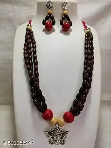 Oxidized and Wooden bead jewelry set | Ma Durga Pendant | Adjustable necklace