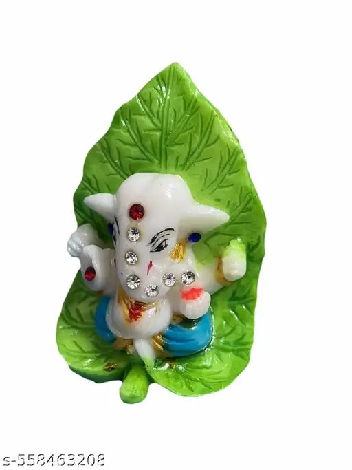 Lord Ganesha Statue on Leaf Background for Car Dashboard for Puja and Home Decoration, Office Table Idols | Statue