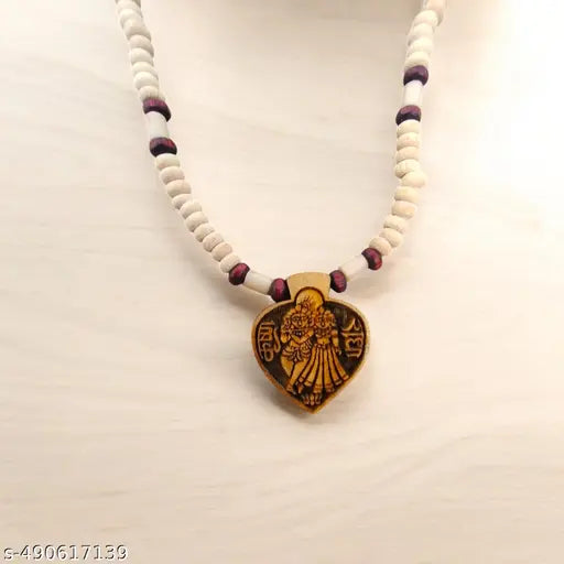 Original Tulsi Mala with Shree Radha Krishna Dil shape Necklace Wood Locket