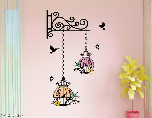 Decor Solution Hanging Flower Birdcage With Birds Wall Sticker For Living Room, Bedroom ( ideal size on wall: 39 cm x 63 cm ),Multicolour