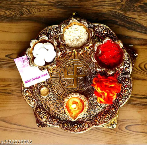 "Premium Golden Pooja Thali Set with 4 Diyas | Aluminium Shiny Finish Decorative Aarti Plate for Festival & Temple Use"