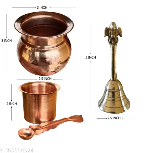 Set of 4 Pcs, Pooja Kalash,Ghanti and achmani Spoon for Temple and Home Use