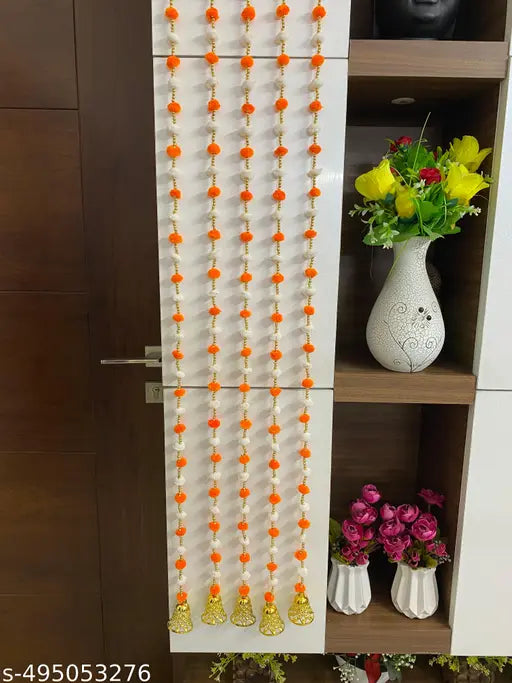 Magpie Collections Handmade Orange White Strings Pom Pom for Door,Wall Hanging Bandhanwar Toran, Garland for Decoration Diwali Festival,Navratri,Wedding (4 FT, 5 Strings)