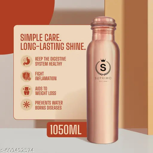 SUPRIMO Copper Water Bottle 1050 ml | Pure Copper | Natural Alkaline Health Benefits | Leak Proof Screw Cap | Eco-Friendly & Durable (Pack of 2)