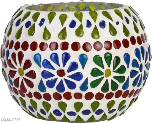 Hand Decorated Mosaic Glass Candle Tea Light Holder For Colorful Magical Lighting Effects, (Set Of 2)